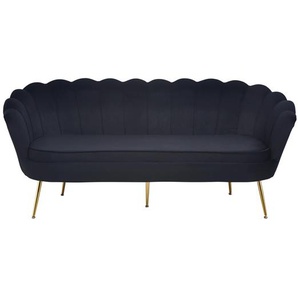 Muschelsofa 3-Sitzer Samt, Schwarz, Beine Chrom goldfarben, mit hohem Sitzkissen - Samtsofa, Cocktailsofa, Designsofa, Loungesofa