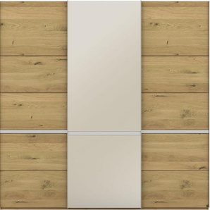 Musterring Schwebetürenschrank Savona, Kleiderschrank, Schrank, Garderobe, mit Schiebetüren (Teilmassiv Bianco-Eiche, mit Spiegel oder Glas, MADE IN GERMANY) Türen Bianco-Eiche massiv, Spiegel-/Glastüren, eingelegte Chromleiste