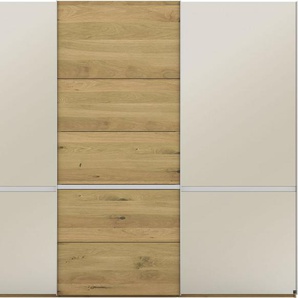 Musterring Schwebetürenschrank Savona, Kleiderschrank, Schrank, Garderobe, mit Schiebetüren (Teilmassiv Bianco-Eiche, mit Spiegel oder Glas, MADE IN GERMANY) Türen Bianco-Eiche massiv, Spiegel-/Glastüren, eingelegte Chromleiste