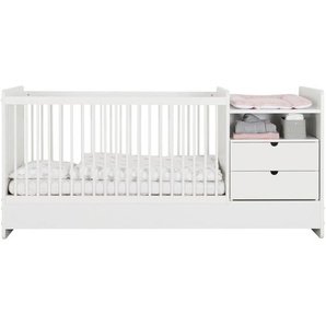 My Baby Lou Gitterbett All in One, Weiß, Holz, Holzwerkstoff, Buche, massiv, 75x95x205 cm, zum Juniorbett umbaubar, höhenverstellbar, Lattenrost inklusive, Schlupfsprossen, Schreibtisch Nachtschrank mit Wickelkommode, Babymöbel, Babybetten, Gitterbett