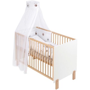 My Baby Lou Gitterbett-Komplettset, Braun, Natur, Weiß, Textil, Buche, Hartholz, Bär, 1-Zonen, Höhe ca. 6 cm, Füllung: Viskoelastischer Kern,