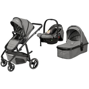 My Baby Lou Kinderwagenset Korfu, Dunkelgrau, Textil, 8-teilig, EN 1888, ECE R 129 i-Size, Federung, kugelgelagerte Räder, 5-Punkte-Gurt, für Babyschale geeignet, Griff in Lederoptik, Transportsicherung, Sitz umsetzbar, abnehmbarer Schutzbügel,abnehmbarer
