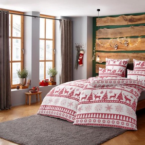 Bettwäsche MY HOME Sindbad in Gr. 135x200 oder 155x220 cm, ideal für Weihnachten Gr. B/L: 155 cm x 220 cm (1 St.), B/L: 80 cm x 80 cm (1 St.), Biber, rot Bettwäsche 155x220 cm Biber kuschelig warm im Winter, Weihnachtsbettwäsche, Winter