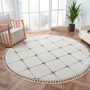 Myflair Möbel & Accessoires Hochflor-Teppich Moroccan Square, rund, Höhe: 24 mm, modern, marokkanisches Design, Rauten Muster, weich, mit Fransen
