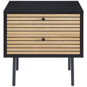 Nachtkommode Schwarz, Eiche Echtholzfurnier, Mit 2 Schubladen, Gestell Schwarz matt - Nachttisch, Nachtschrank, Beistellkommode, Nachtschrank, Bettkommode