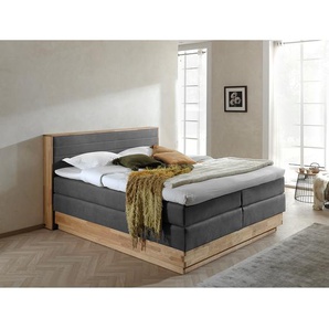 Naturoo Boxspringbett Moneta 180x200 cm Webstoff/Massivholz Eiche Grau mit Bettkästen/Matratze