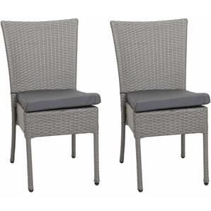 Neuwertig] 2er-Set Poly-Rattan Stuhl HHG 949, Balkonstuhl Gartenstuhl, stapelbar grau, Kissen dunkelgrau