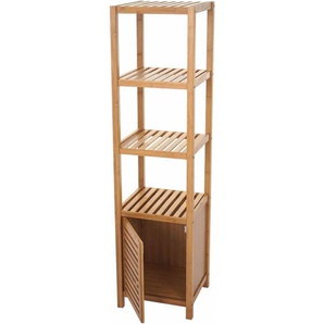 Neuwertig] Badregal HHG 554, Badezimmer Badschrank Standregal mit Tür, Bambus 140x36x34cm