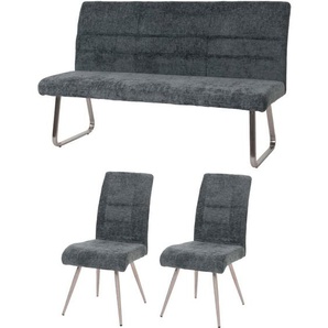 Neuwertig] Esszimmer-Set HHG 102, 2er-Set Stuhl + Sitzbank 160cm, Edelstahl gebürstet Stoff/Textil Chenille blau-grün