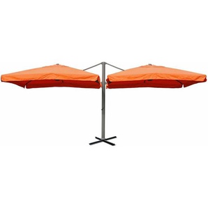 Neuwertig] Gastronomie-Alu-Luxus-Doppel-Ampelschirm T44, Pergola-Markise-Effekt, 6,2x3m Polyester 50kg terracotta