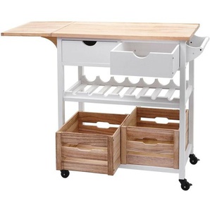 Neuwertig] Servierwagen HHG 016, Küchenwagen Rollwagen Küchenhelfer Beistellwagen Teewagen, Kiefernholz 89x119x41cm natur-weiß