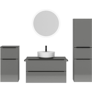 nobilia® Badmöbel-Set Alvene, (4-St., vormontiert, mit Soft-Close), Hochglanz, inkl. Spiegel mit Touch-Sensor, in vier Breiten
