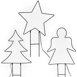 NOOR LIVING Dekolicht LED Weihnachtsdeko aus Metall, zum Stecken, Timerfunktion, LED fest integriert, Warmweiß, Gartenstecker im 3er Set (bestehend aus Engel, Stern und Baum)