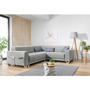 Norrwood Ecksofa Loiz I Hellgrau Webstoff 245x76x210 cm mit Schlaffunktion und Bettkasten