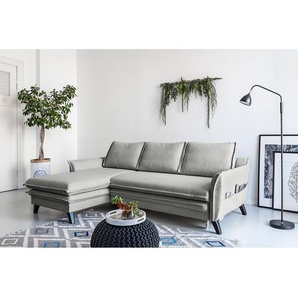 Norrwood Ecksofa Mia Mia II Hellgrau Webstoff 227x86x149 cm mit Schlaffunktion und Bettkasten