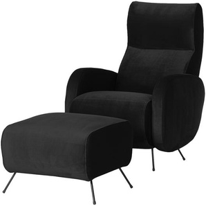 Sessel Vains Schwarz/Schwarz Samt Ravi mit Hocker 78 x 104 x 93cm