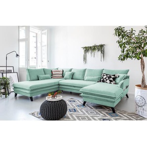Wohnlandschaft Mia Mia I Blau/Babyblau Webstoff 300 x 86 x 202cm Longchair davorstehend rechts / Ottomane links Modern