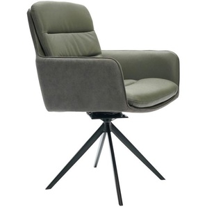 Novel Armlehnstuhl, Anthrazit, Grün, Metall, Textil, Leder, Echtleder, Büffelleder, Drehkreuz, 58x89x67 cm, inklusive Armlehnen, Sitzfläche 180°