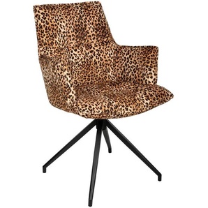 Novel Armlehnstuhl, Braun, Schwarz, Hellbraun, Metall, Textil, Leoprint, Drehkreuz, 59x89.5x63 cm, Sitzfläche 360° drehbar, automatische Rückholfunktion, Esszimmer, Stühle, Esszimmerstühle, Armlehnenstühle