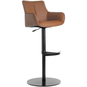 Novel Barhocker, Schwarz, Cognac, Metall, Leder, Echtleder, Büffelleder, Säule, Bodenplatte, 54x92-112x55 cm, Lederauswahl, Sitzfläche 360° drehbar,