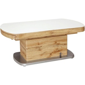 Novel Couchtisch, Weiß, Eiche, Edelstahl, Metall, Glas, Holzwerkstoff, oval, Säule, Bodenplatte, 75x50-78x120-180 cm, ausziehbar, einfacher Aufbau, Wohnzimmer, Wohnzimmertische, Couchtische, Couchtische Glas