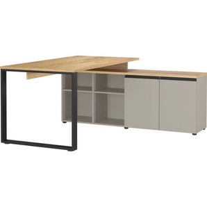Novel Eckschreibtisch, Grau, Eiche, Metall, rechteckig, Kufe, 159x74x160 cm, Made in Germany, Stauraum, seitenverkehrt montierbar, Arbeitszimmer,