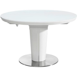 Novel Esstisch, Weiß, Edelstahl, Metall, Glas, rund, Säule, Bodenplatte, 120x76 cm, ausziehbar, Esszimmer, Tische, Esstische, Glastische