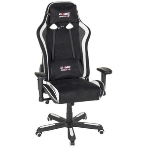 Novel Gamingstuhl, Schwarz, Weiß, Textil, Drehkreuz, 72x128-138x72 cm, Wippmechanik mit Härtegradeinstellung, Rückenlehne in S-Form, Sitzfläche 360°