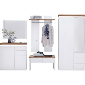 Novel Garderobe Romina, Weiß, Eiche, Holz, Glas, Holzwerkstoff, 5-teilig, Eiche, massiv, 285x198x38 cm, Garderobe, Garderoben-Sets & Serien