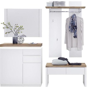 Novel Garderobe, Weiß, Eiche, Holz, Glas, 4-teilig, Eiche, massiv, 197x198x38 cm, Garderobe, Garderoben-Sets