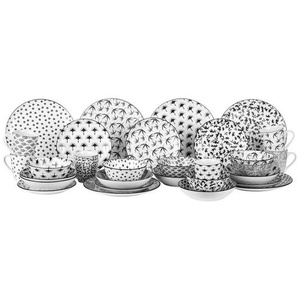 Novel Kombiservice Tokyo 2.0, Schwarz, Weiß, Keramik, 30-teilig, Abstraktes, 350 ml,550 ml, Lfgb, lebensmittelecht, Essen & Trinken, Geschirr, Geschirr-Sets, Kombiservice