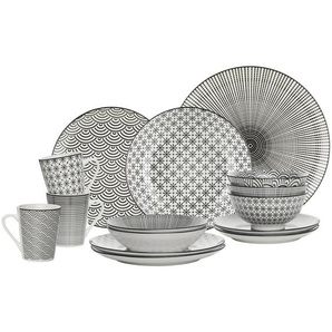 Novel Kombiservice Tokyo, Schwarz, Weiß, Keramik, 30-teilig, Graphik, 250 ml,550 ml, Lfgb, Essen & Trinken, Geschirr, Geschirr-Sets, Kombiservice