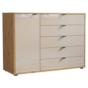 Novel Kommode, Champagner, Eiche Bianco, Metall, 1 Fächer, 5 Schubladen, 120x86x43 cm, ISO 9001, Goldenes M, Made in Germany, in verschiedenen