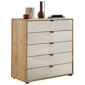 Novel Kommode, Eiche Bianco, Champagner, Metall, 5 Schubladen, 60x86x43 cm, ISO 9001, Goldenes M, Made in Germany, in verschiedenen Holzdekoren