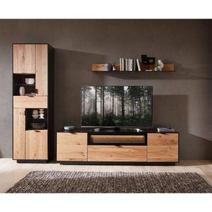 Novel Wohnwand, Schwarz, Eiche, Metall, Eiche, furniert, 2x Holz + 2x Glas Fächer, 3 Schubladen, 275x200x45 cm, Typenauswahl, Beimöbel erhältlich,