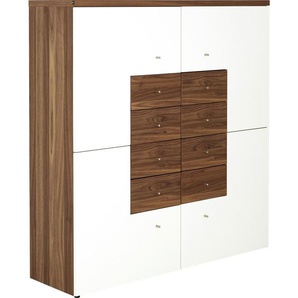 Now by hülsta Highboard Time , Weiß, Nussbaum , Metall , Kernnussbaum , furniert , 6 Fächer , 8 Schubladen , 140x146x40 cm , Blauer Engel, Goldenes M, Made in Germany , Typenauswahl, individuell planbar, Beimöbel erhältlich, umfangreiches Zubehör stehend,