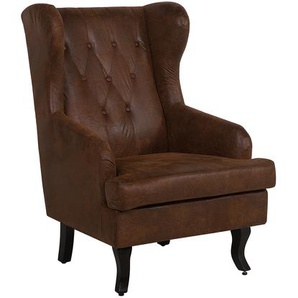 Ohrensessel Braun Kunstleder mit Armlehnen Knöpfen Gummibaumholzbeine Wohnzimmer Chesterfield/Retro Stil