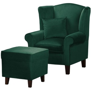 Ohrensessel Grün Samt Ravi mit Hocker 80 x 95 x 78cm