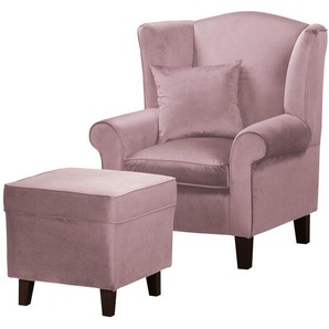 Ohrensessel Violett Samt Ravi mit Hocker 80 x 95 x 78cm