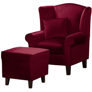 Ohrensessel Rot Samt Vaia mit Hocker 80 x 95 x 78cm