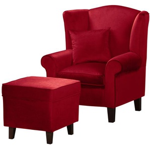 Ohrensessel Rot Samt Ravi mit Hocker 80 x 95 x 78cm