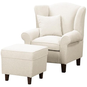 Ohrensessel Weiß Bouclé Stoff Nola mit Hocker 80 x 95 x 78cm