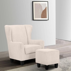 Ohrensessel HOME AFFAIRE Chilly, Sessel mit Hocker und Federkern-Polsterung, beige (creme), B:84cm H:101cm T:84cm, 100% Polyester, Sessel, in Cord und Microfaser-Bezug, Unser Dauertiefpreis