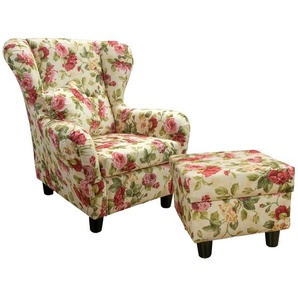 Ohrensessel mit Hocker Landhaus Polster-, TV-, Lesesessel Blumenmuster-Webstoff / 18004