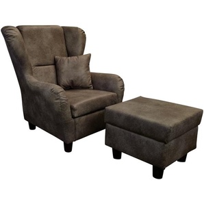 Ohrensessel mit Hocker Landhaus Polster-TV-Lesesessel Lederoptik Vintage Braun / 18005