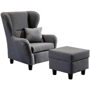 Ohrensessel mit Hocker Landhaus Polster-, TV-, Lesesessel Strukturstoff in Grau / 18001