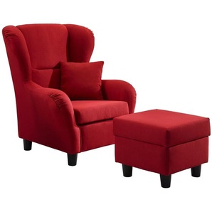 Ohrensessel mit Hocker Landhaus Polster-, TV-, Lesesessel Strukturstoff in Rot / 18002