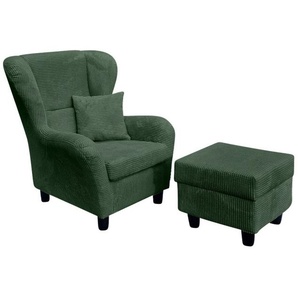 Ohrensessel mit Hocker Landhausstil Polster-TV-Lesesessel Cordstoff Grün / 18018