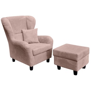 Ohrensessel mit Hocker Landhausstil Polster-TV-Lesesessel Cordstoff Rosa / 18021