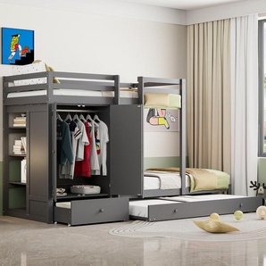 okwish Etagenbett Stockbett 90x200cm mit Ausziehbett 90*190cm, Hochbett mit Rausfallschutz, Massivholzbett Kinderbett Bettgestell mit Kleiderschrank, Schubladen und Ablagefach, grau